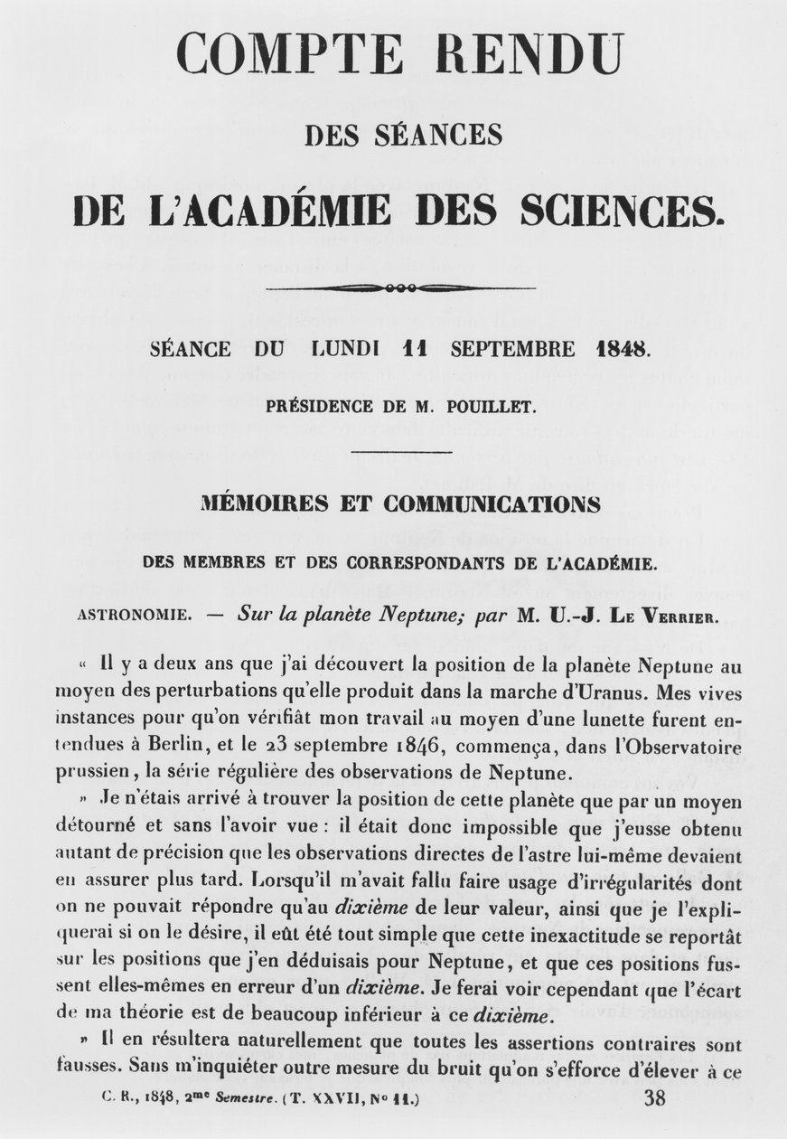 Sprawozdanie z sesji w Academie des Sciences Jeana Josepha Le Verriera (1811-77) na planecie Neptun, 11 września 1848 autorstwa French School