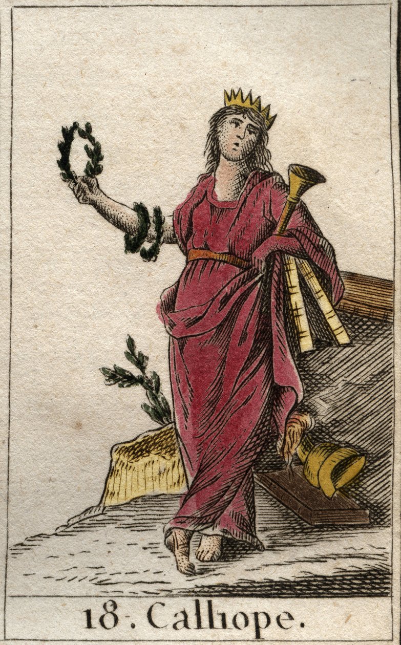 Reprezentacja Kaliope, muzy poezji epickiej, trzyma w ręku koronę i trąbkę epopei (Reprezentacja Kaliope, Muza poezji heroicznej). Z „Mitologii młodości” Pierre