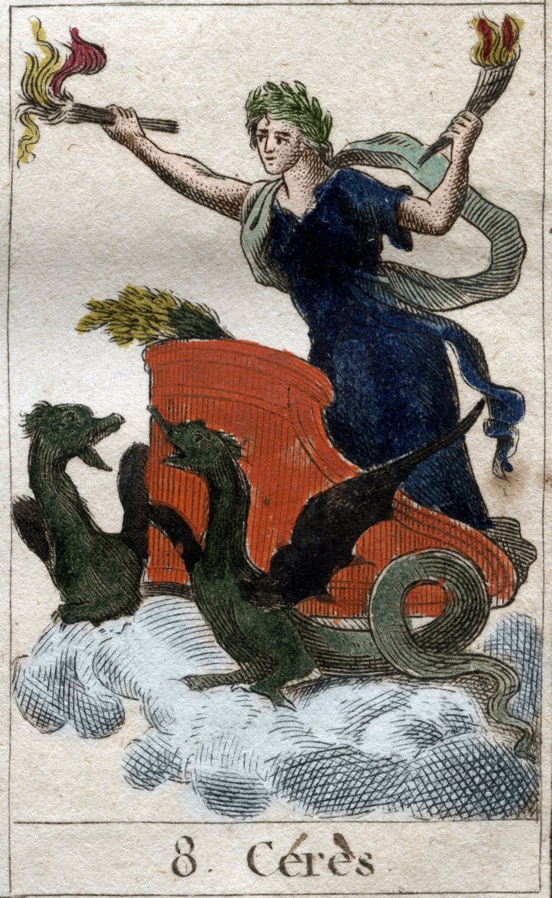 Przedstawienie Ceres na swoim rydwanie, bogini rolnictwa, żniw i fecondite (Ceres, bogini rolnictwa, płodności, reprezentowana na wozie). z „Mythologie de la jeunesse” Pierre