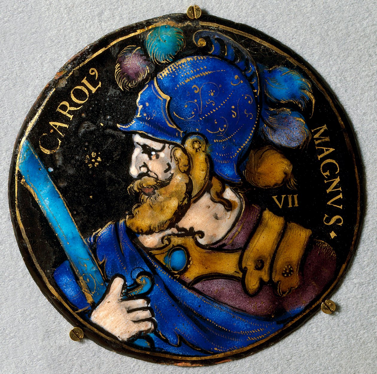 Reprezentacja Karola Wielkiego (742-814), króla Francji. Medalion w e-mailu z Limoges z XVI wieku. Posłuchaj, Narodowe Muzeum Renesansu autorstwa French School
