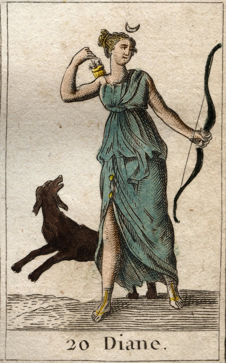 Reprezentacja Diany, bogini łowów, trzyma łuk i strzały (Reprezentacja Diany, bogini łowów). Z „Mitologii młodości” Pierre