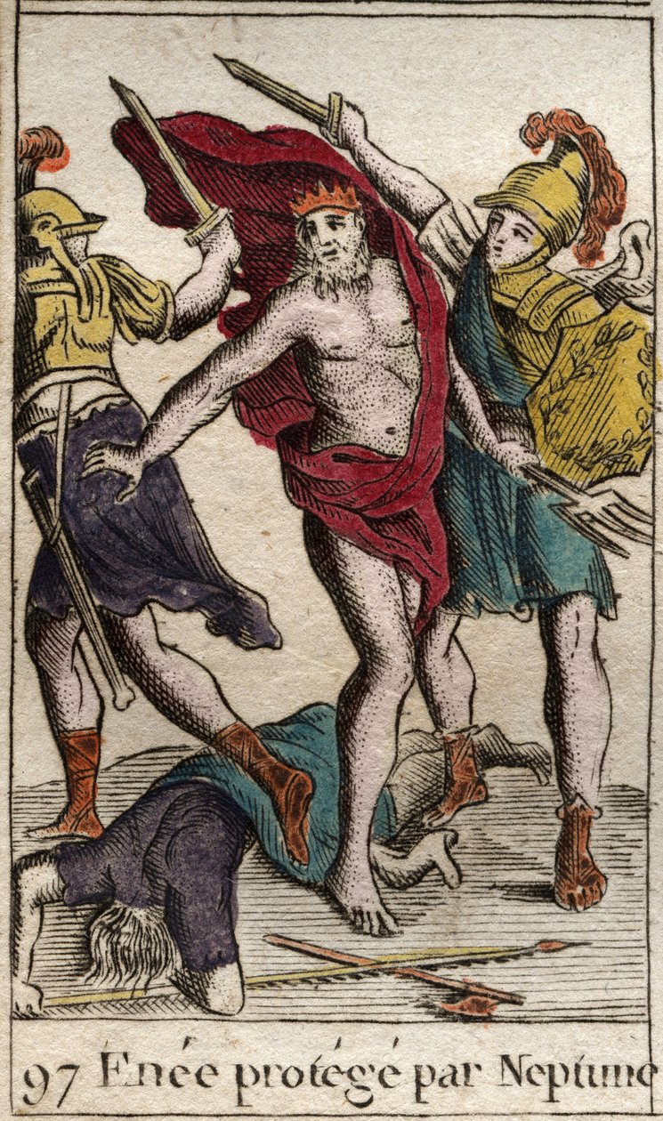 Reprezentacja Enee, która pod opieką Neptuna odchodzi od walki z Achillesem. (Reprezentacja Eneasza, który pod opieką Neptuna opuszcza walkę z Achillesem). Z „Mitologii młodości” Pierre