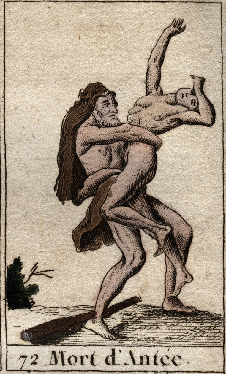 Reprezentacja Herkulesa Terrassanta Ante, króla Libii (Herakles (Herkules) zabijający Anteusza niedźwiedzim uściskiem) Z „Mitologii młodości” Pierre Blancharda 1803. autorstwa French School