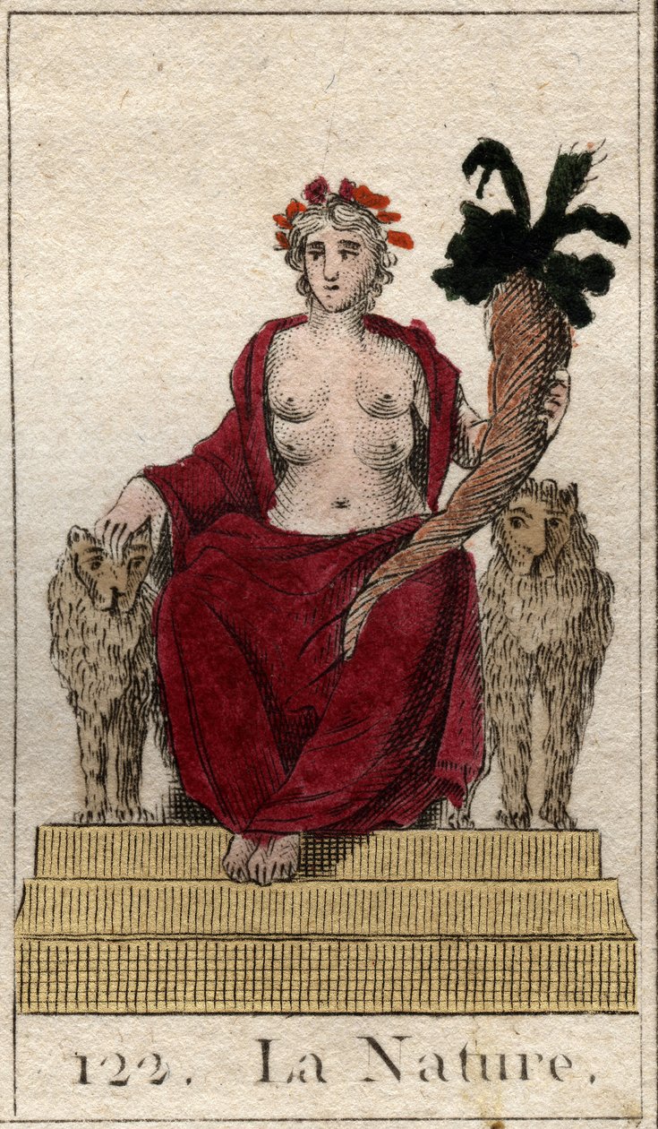 Reprezentacja Natury jako kobieta na tronie z rogiem obfitości, z wieloma piersiami, by nakarmić wszystkie istoty. (Natura jako młoda kobieta z rogiem obfitości i kilkoma sutkami, aby nakarmić wszystkie istoty). Z „Mitologii młodości” Pierre