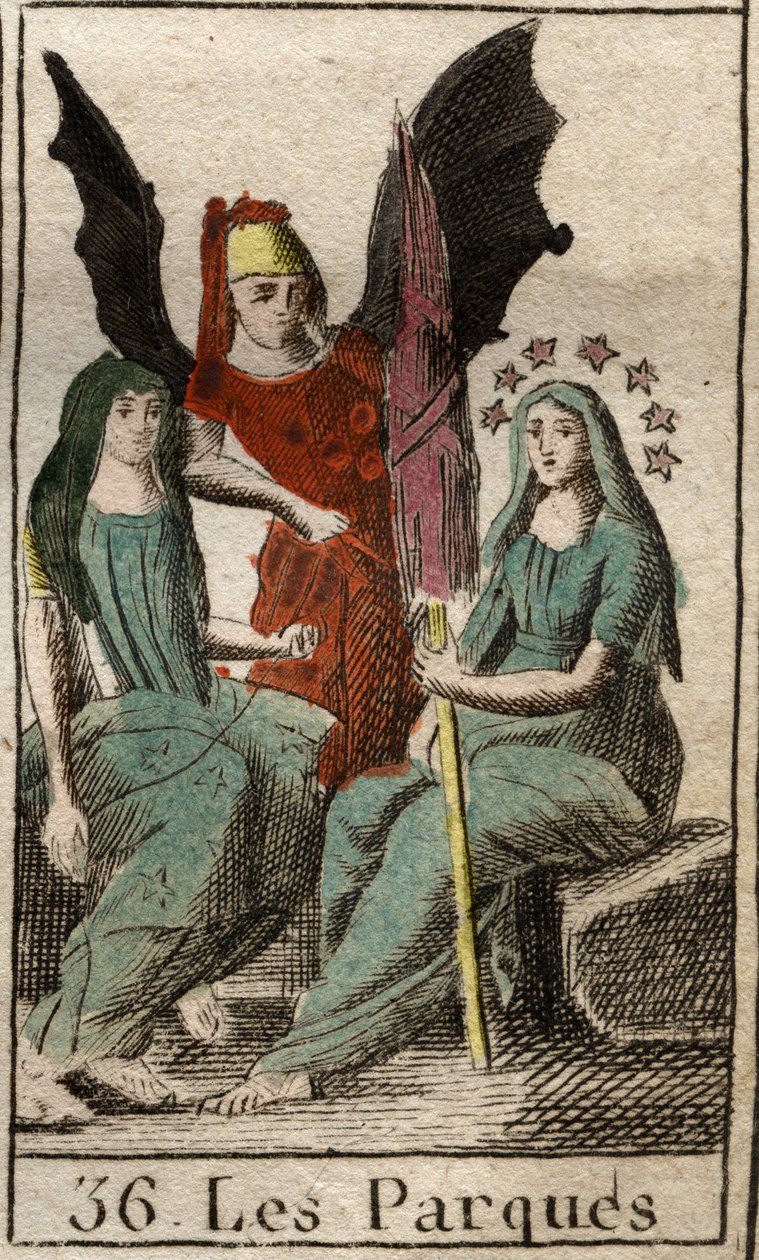 Przedstawienie Parques (Gabinet), Clotho, Lachesis i Atropos, bóstw ludzkiego przeznaczenia, od narodzin do śmierci, jako bardzo stare kobiety wirujące. (Parcae, Clotho, Lachesis i Atropos, personifikacja ludzkiego przeznaczenia, przedstawiana jako wirując autorstwa French School