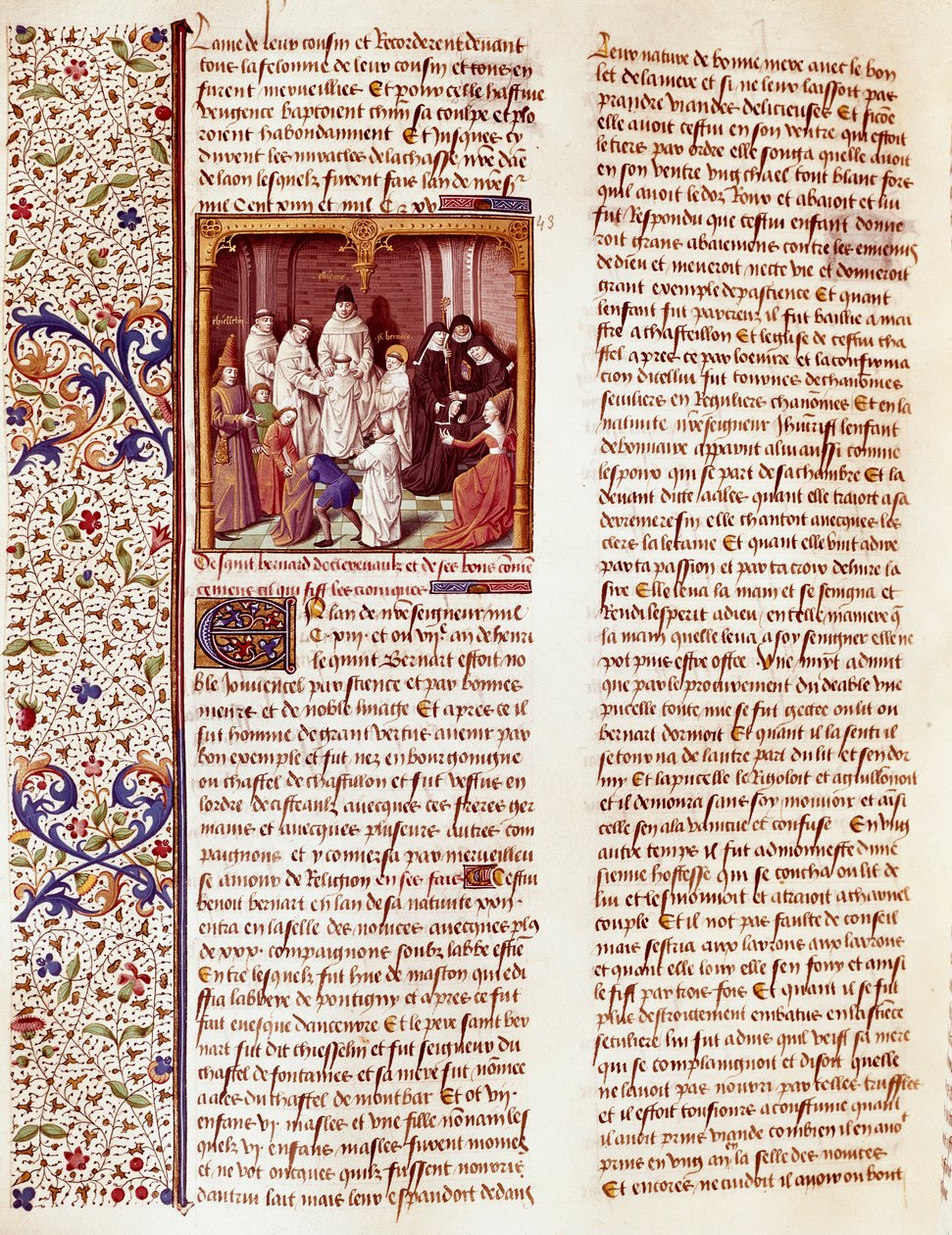 Przedstawienie dziecka świętego Bernarda z Clairvaux (San Bernardo di Chiaravalle) (1090-1153). Znajduje się pośrodku obrazu, aureola nad jego głową. Miniatura w "Le miroir historial" (Speculum Historiale) (ms. 1196, fol. 372) autorstwa Vincenta de Beauva. autorstwa French School