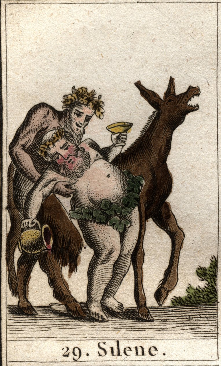 Reprezentacja Silene, towarzyszki Bachusa, pijana, wspierana przez satyrę. (Przyjaciel Bachusa Silenusa, pijany, wspierany przez Młodego Satyra). Z „Mitologii młodości” Pierre