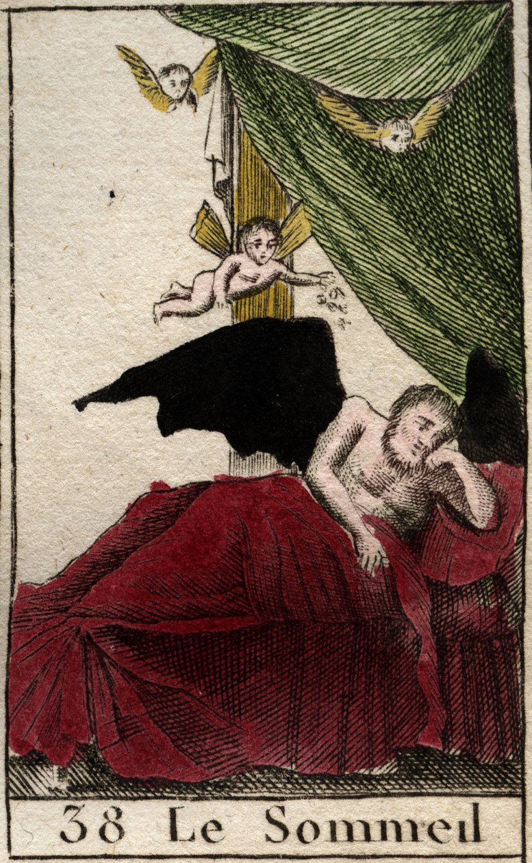 Reprezentacja Snu, odpoczywająca wiecznie w pałacu, przy skrzydłach marzeń sennych. (Somnus, bóg snu, śpi w pałacu otoczonym uskrzydlonymi snami) Z „Mythologie de la jeunesse” Pierre