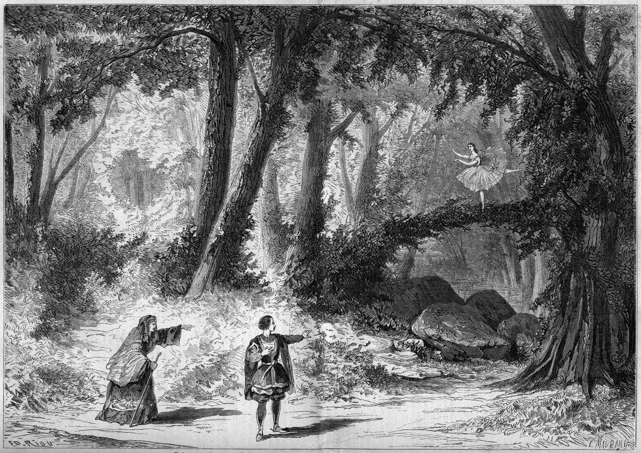 Przedstawienie baletu: Scenografia aktu I, scena 2 „Papiliona” Jacquesa Offenbacha (1819-1880). Dekor Desplechin. Paryż, Teatr Imperial de l