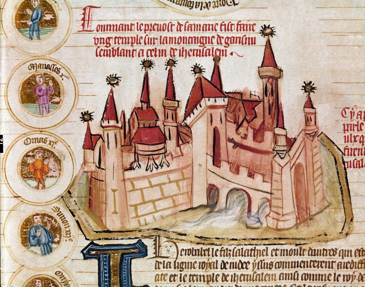 Przedstawienie ufortyfikowanego miasta podobnego do Jerozolimy Strona zaczerpnięta z manuskryptu "Genealogie de la Bible" szkoły francuskiej. XIV wiek Cremone, biblioteca governativa autorstwa French School