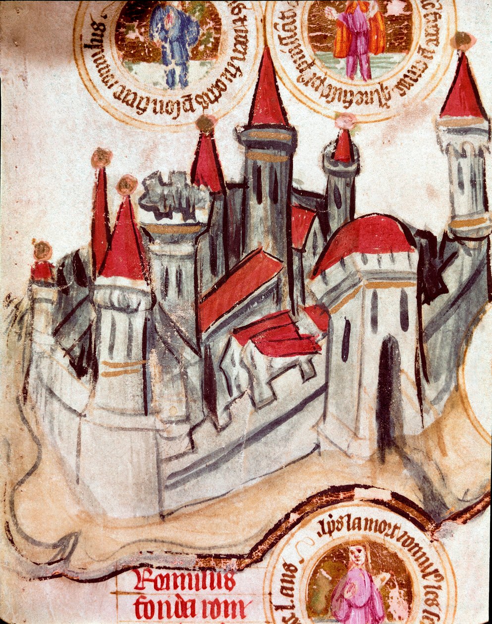 Przedstawienie ufortyfikowanego miasta w regionie Strasburga. Miniatura na zwoju pergaminu "Genealogia Biblii" (ms.199) XIV w. Cremone, Biblioteca Governativa autorstwa French School