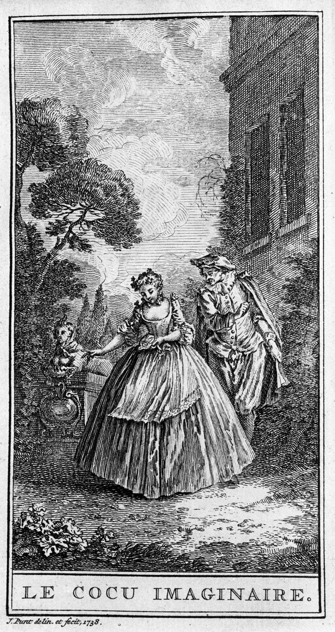 Przedstawienie sceny z utworu „Sganarelle ou le cuckold imaginaire” (1660) Jeana Baptiste Poquelina dit Moliere (1622-1673). Grawerowanie z 1738 roku. autorstwa French School