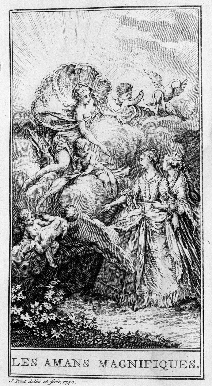 Przedstawienie sceny z utworu „Les lovers magnificients”” (1670) Jeana Baptiste Poquelin dit Moliere (1622-1673). Grawerowanie z 1740 roku. autorstwa French School