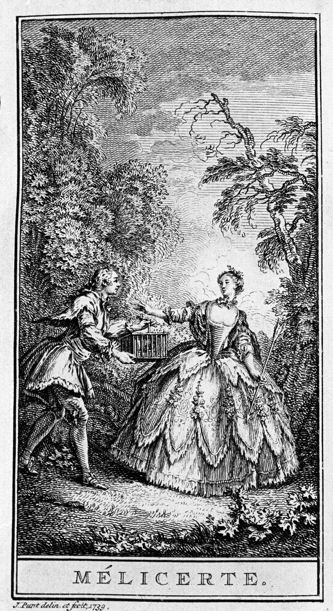 Przedstawienie sceny utworu „Melicerte” (1666) Jeana Baptiste Poquelina dit Moliere (1622-1673). Grawerowanie z 1739 roku. autorstwa French School