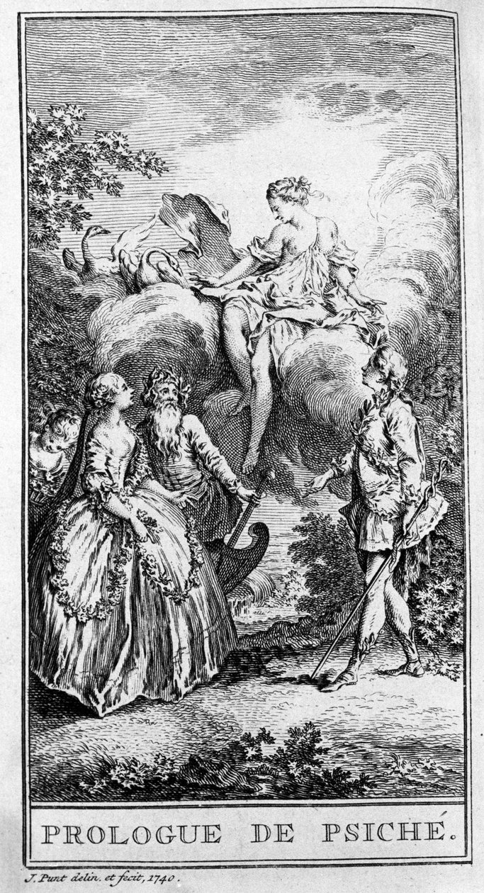 Przedstawienie sceny utworu „Prologue de Psyche” Jeana Baptiste Poquelina dit Moliere (1622-1673). Grawerowanie z 1740 roku. autorstwa French School