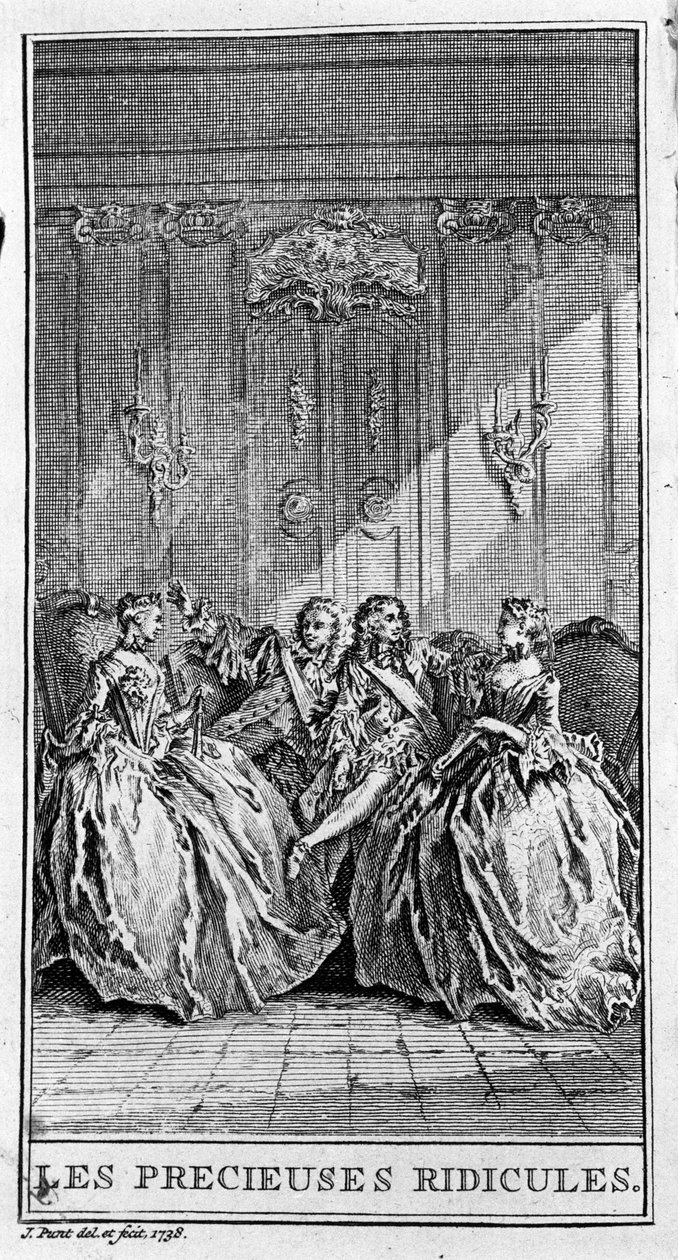Przedstawienie sceny utworu „Cenne kpiny” (1659) autorstwa Jeana Baptiste Poquelin dit Moliere (1622-1673). Grawerowanie z 1738 roku. autorstwa French School