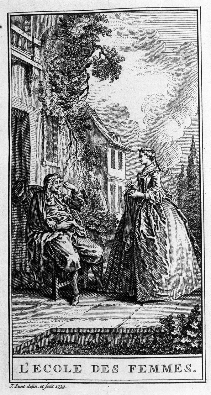Przedstawienie sceny ze spektaklu „Szkoła kobiet” (1662) autorstwa Jeana Baptiste Poquelin dit Moliere (1622-1673). Grawerowanie z 1739 roku. autorstwa French School