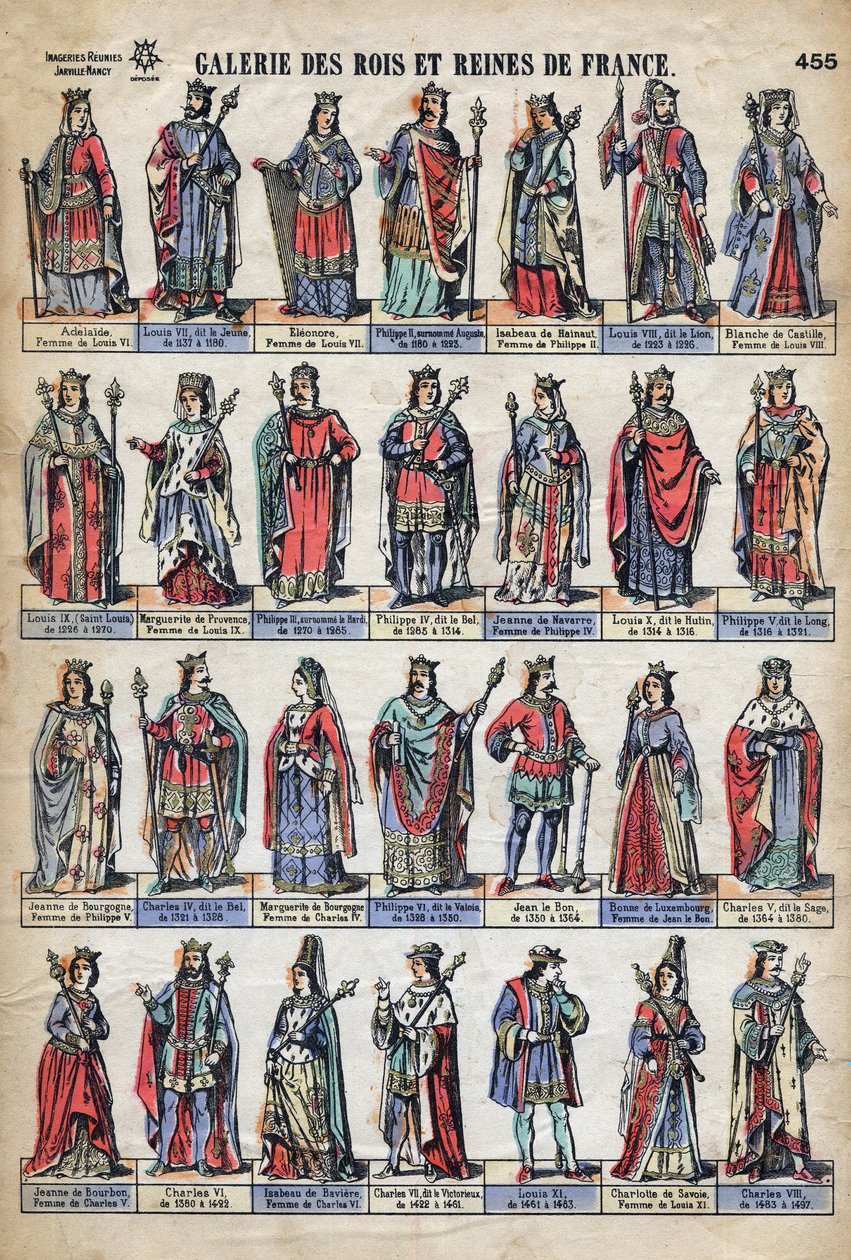 Reprezentacja królów i królowych Francji z dynastii Kapetynów (od Ludwika VII do Karola VIII). Ilustracja pod koniec XIX wieku. autorstwa French School
