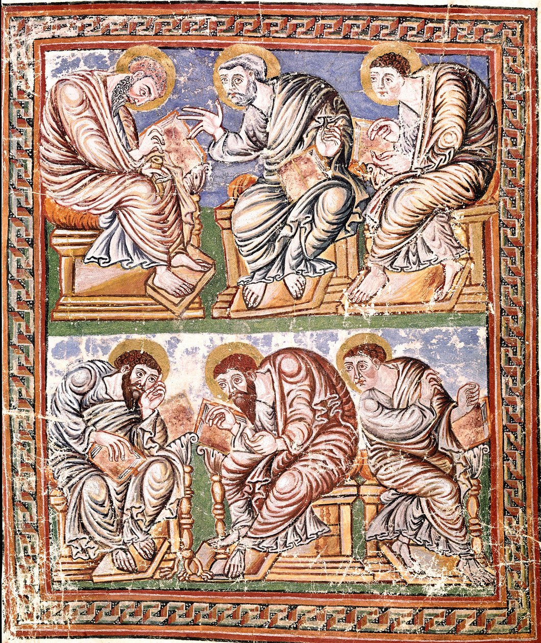 Przedstawienie sześciu apotrosów karolińskiej miniatury szkoły z Reims zaczerpnięte z "Collectio Canon Hadriana" (Ms A-5 f. 14 v) (prawdopodobny zbiór dekretaliów zredagowany przez Incmara de Reims) Koniec IX w. Biblioteca Vallicelliana Rzym autorstwa French School
