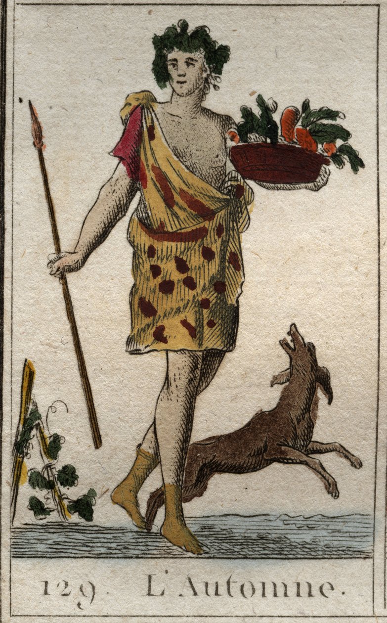 Reprezentacja sezonu jesiennego jako Vertumne trzymająca kosz owoców z psem. (Lato przedstawiane jako Vertumnus trzymający kosz owoców z psem). Z „Mitologii młodości” Pierre