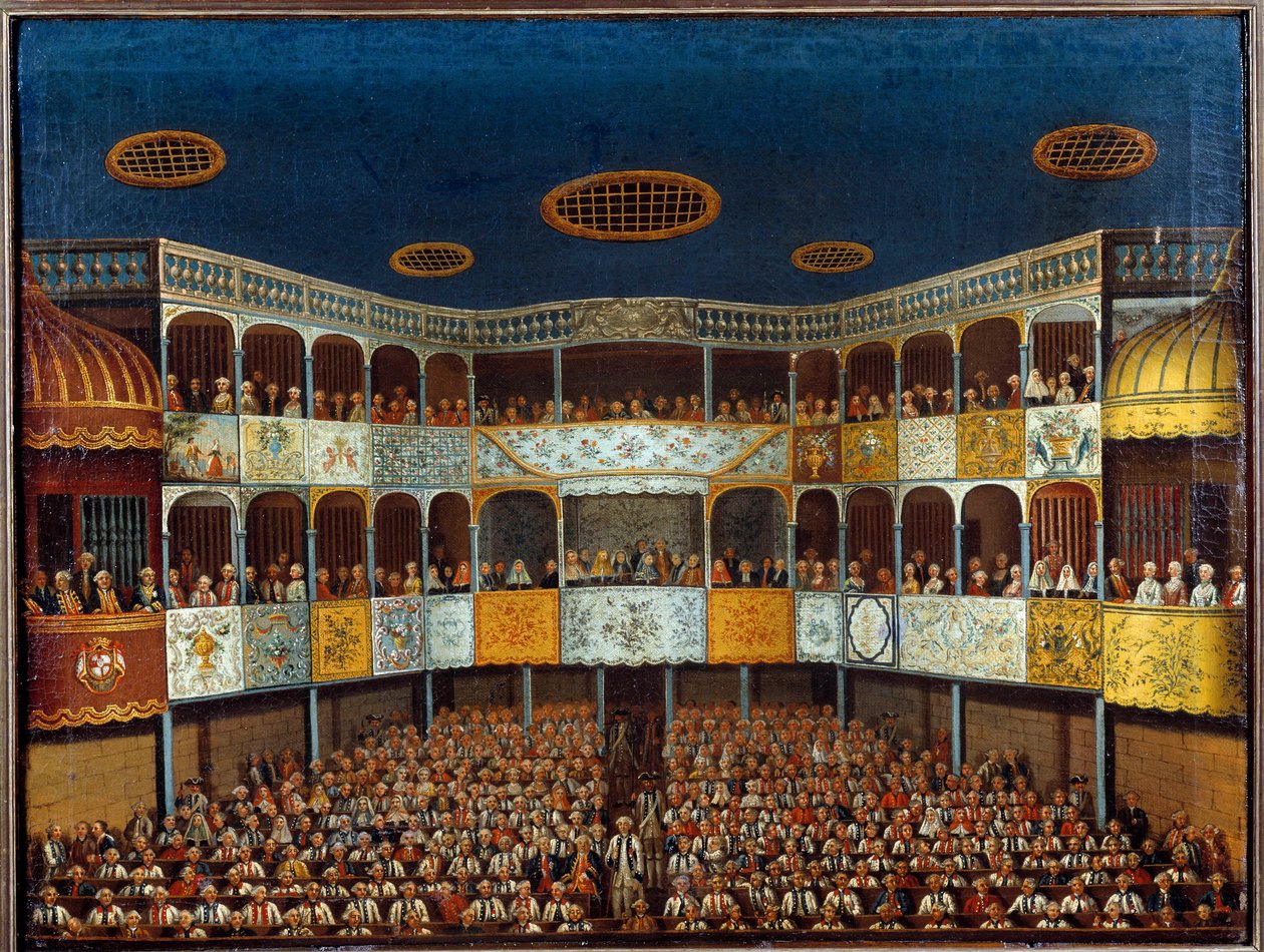 Reprezentacja „Wyimaginowanej Malady” Jeana Baptiste Poquelina dit Moliere (1622-1673) w Teatrze Minorka w Hiszpanii; widok na halę i widownię. Malarstwo XVIII wieku. Paryż, Sztuka Dekoracyjna autorstwa French School