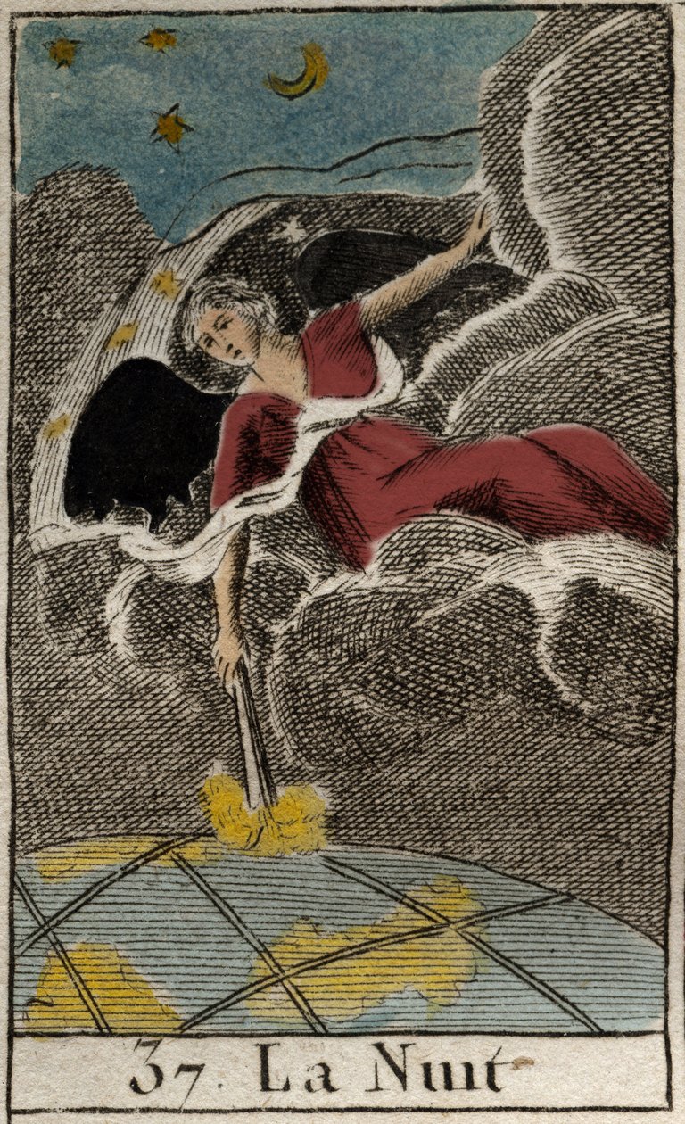 Reprezentacja Nocy (Nyx), bogini ciemności. (Nyx (Noc), bogini ciemności). Z „Mitologii młodości” Pierre