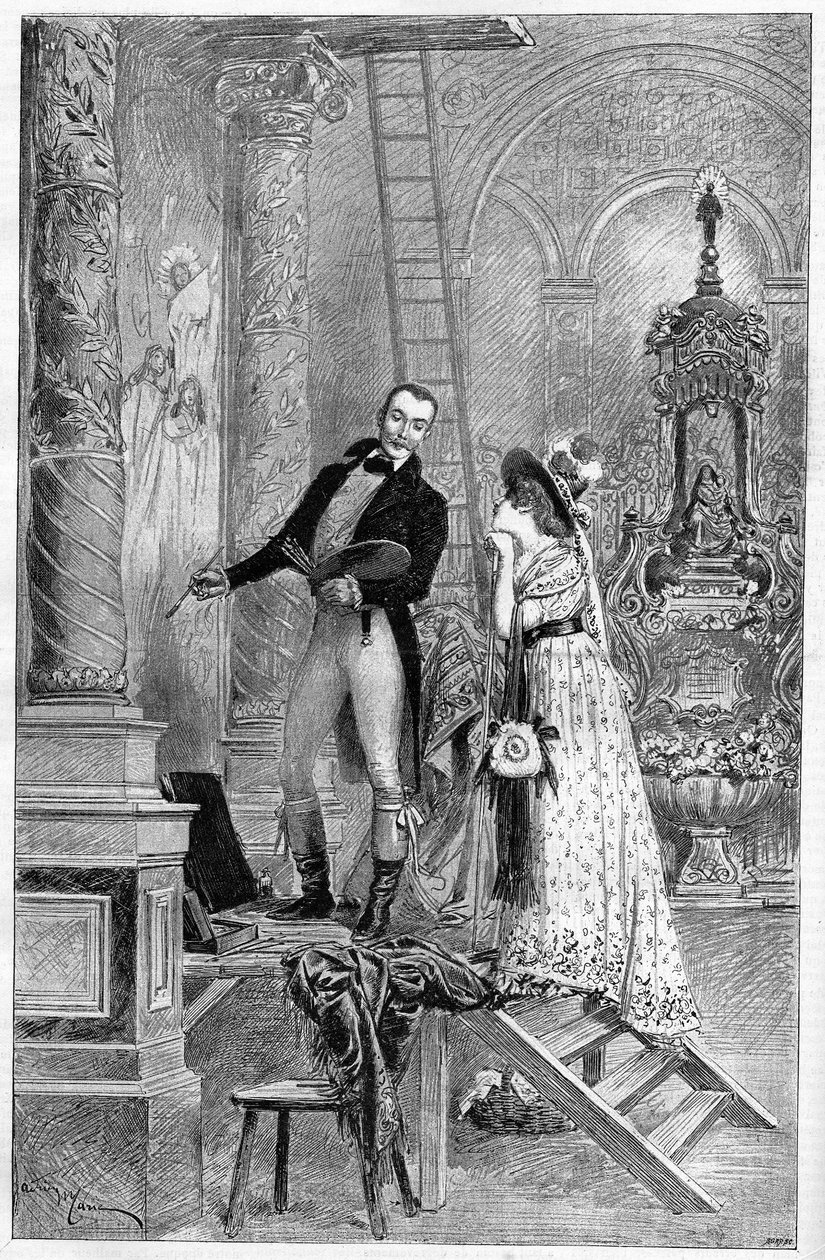 Przedstawienie Toski, dramat wiktoriańskiego Sardou w Theatre de la Porte Saint Martin w 1887 roku. Tutaj Akt 1, kościół św. Andrei z Dumeny i Henriette Rosine Bernard zwana Sarah Bernhardt (1844-1923) autorstwa French School
