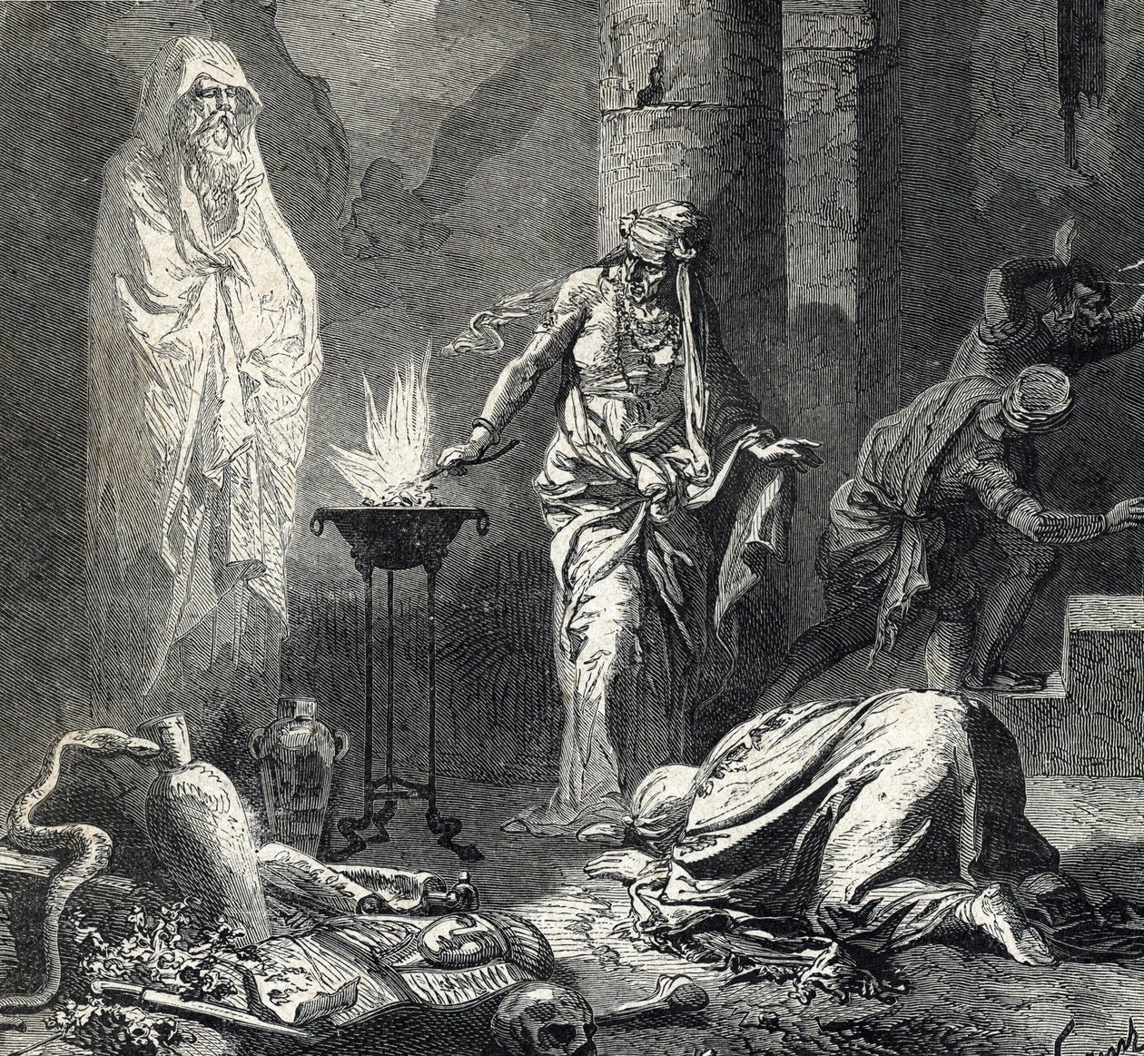 Przedstawienie Czarownicy z Endor (lub Pythonisse z Endor), wioski kananejskiej wspomnianej w pierwszej księdze Samuela (Biblii), która posiada talizman, którym przywołuje ducha proroka Samuela, który niedawno zmarł, na prośbę Saula, króla z Isr autorstwa French School