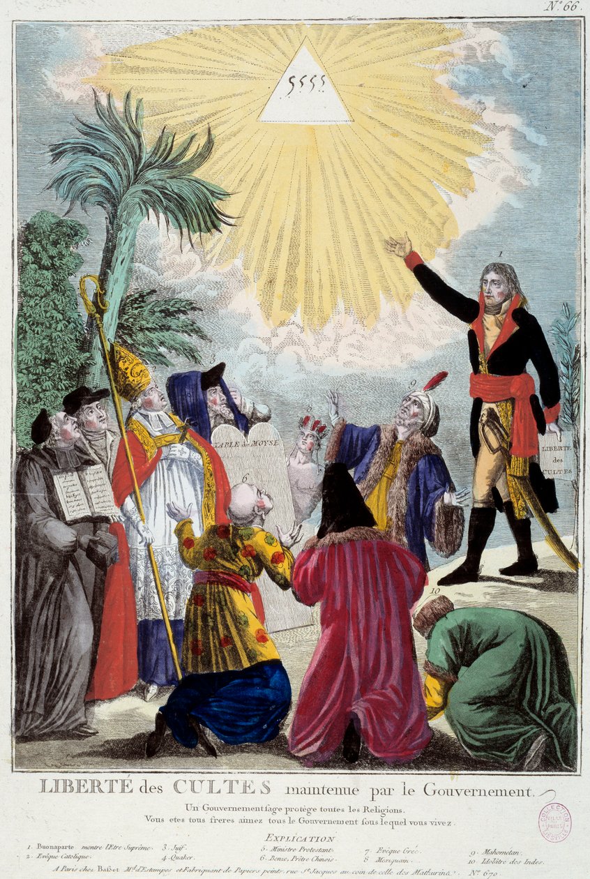 Reprezentacja wolności wyznania wszystkich religii utrzymywana przez Napoleona Bonaparte (1769-1821): pierwszy Konsul wskazuje na trójkąt Trójcy Świętej symbolizujący Boga przychodzącego przez przedstawicieli każdej religii: katolik, Żyd, kwakier, autorstwa French School