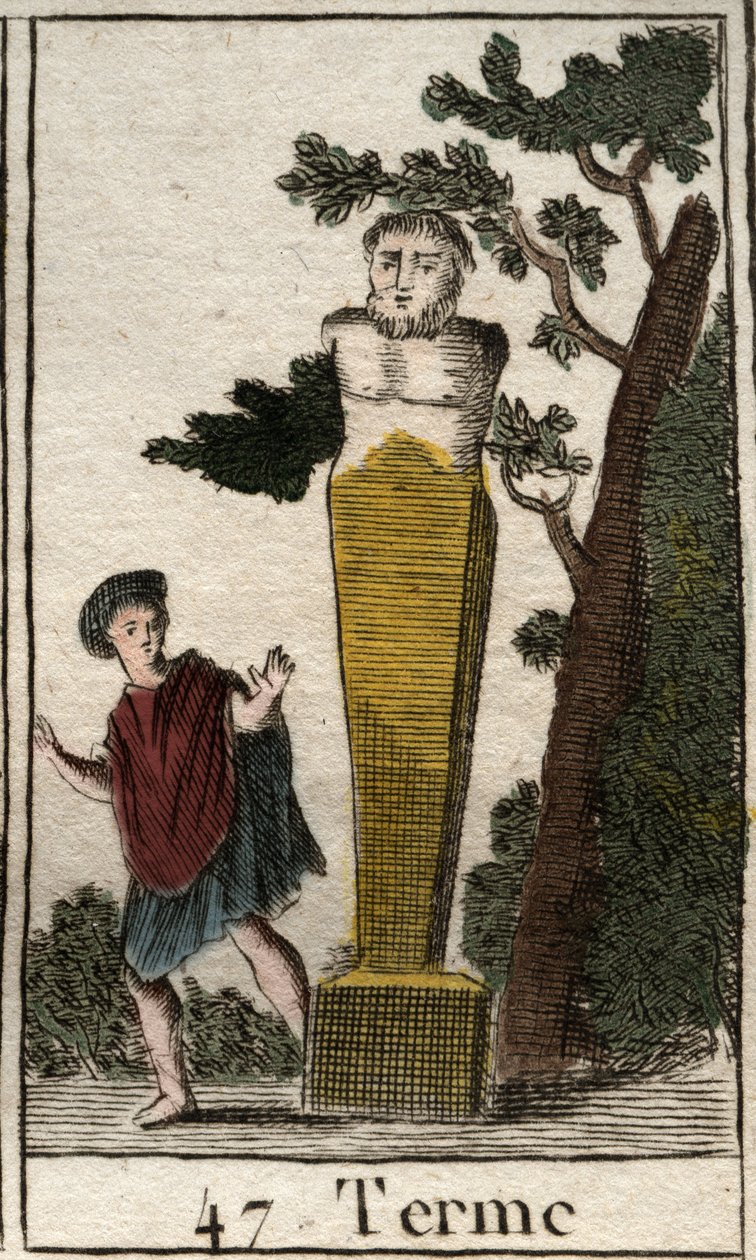 Przedstawienie boga Terme w formie terminala do oznaczania posiadłości i gruntów. (Reprezentacja końca boga, jako kamiennego końca ziemi i posiadłości). Z „Mitologii młodości” Pierre