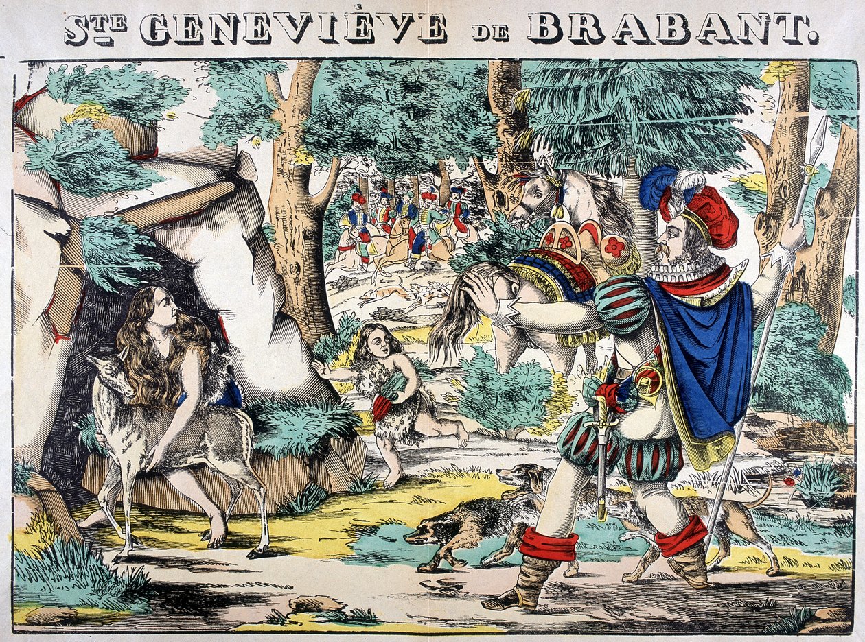 Przedstawienie legendy o św. Genevieve z Brabancji. Scena spotkania porzuconej w lesie Genevieve z mężem. Obraz Epinal autorstwa French School