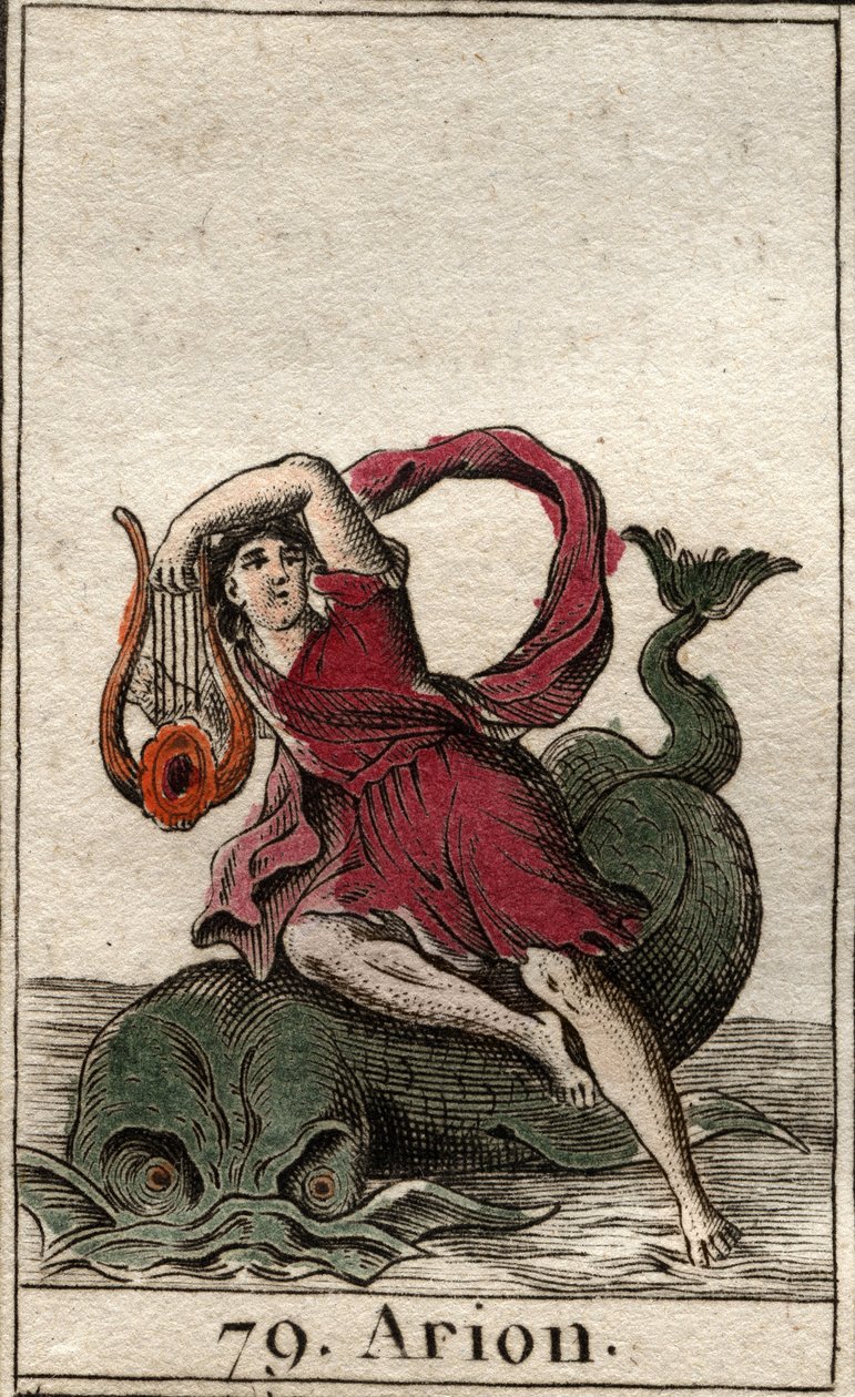 Reprezentacja legendarnego greckiego poety Ariona de Methymne, zaklinacza delfinów przy swoim cytarze (Reprezentacja Ariona, greckiego poety czarującego delfiny graniem na kitharze). Z „Mitologii młodości” Pierre