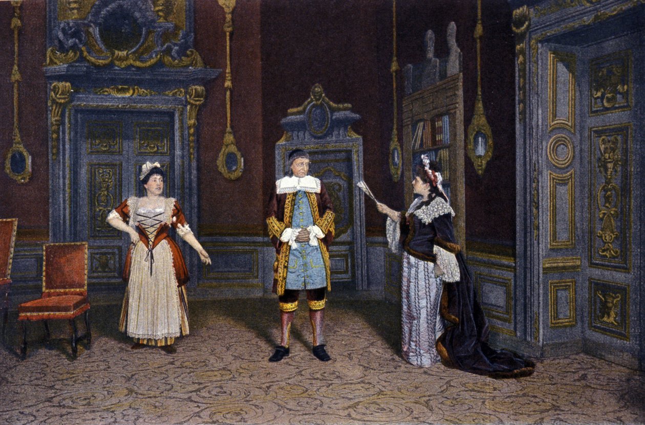 Reprezentacja utworu „Les femmes savantes” Jeana Baptiste Poquelin dit Moliere (1622-1673) w Comedie francaise circa 1885-1890. Od lewej do prawej: pani Rachel Boyer, pan Leloir, pani Blanche Pierson autorstwa French School