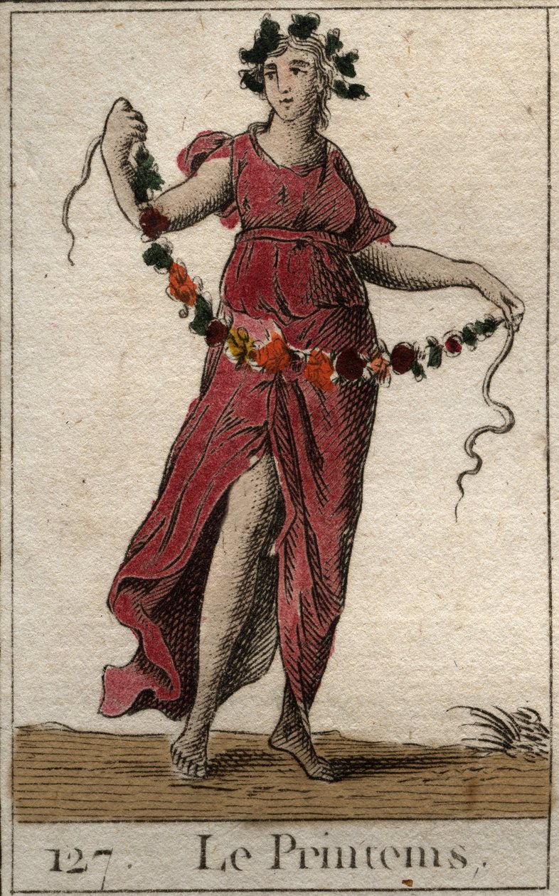 Reprezentacja sezonu wiosennego pod postacią Flory trzymającej wianek z kwiatów. (Wiosna reprezentowana jako Flora trzymająca wianek z kwiatów). Z „Mitologii młodości” Pierre