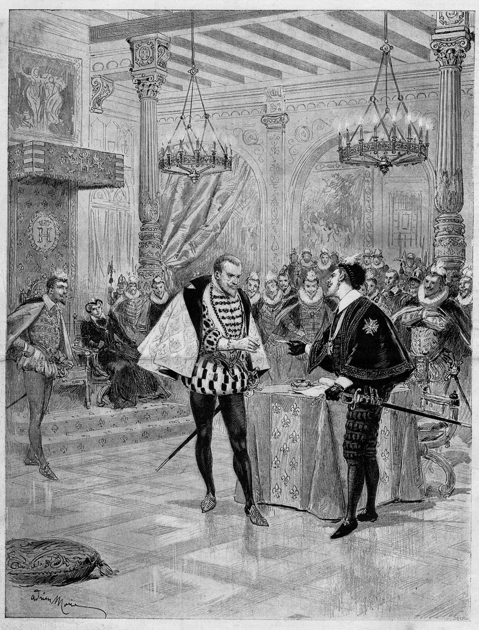 Spektakl teatralny: scena IV aktu „Henryk III i jego dwór” Aleksandra Dumasa (1802-1870) w Komedii Francuskiej w Paryżu autorstwa French School