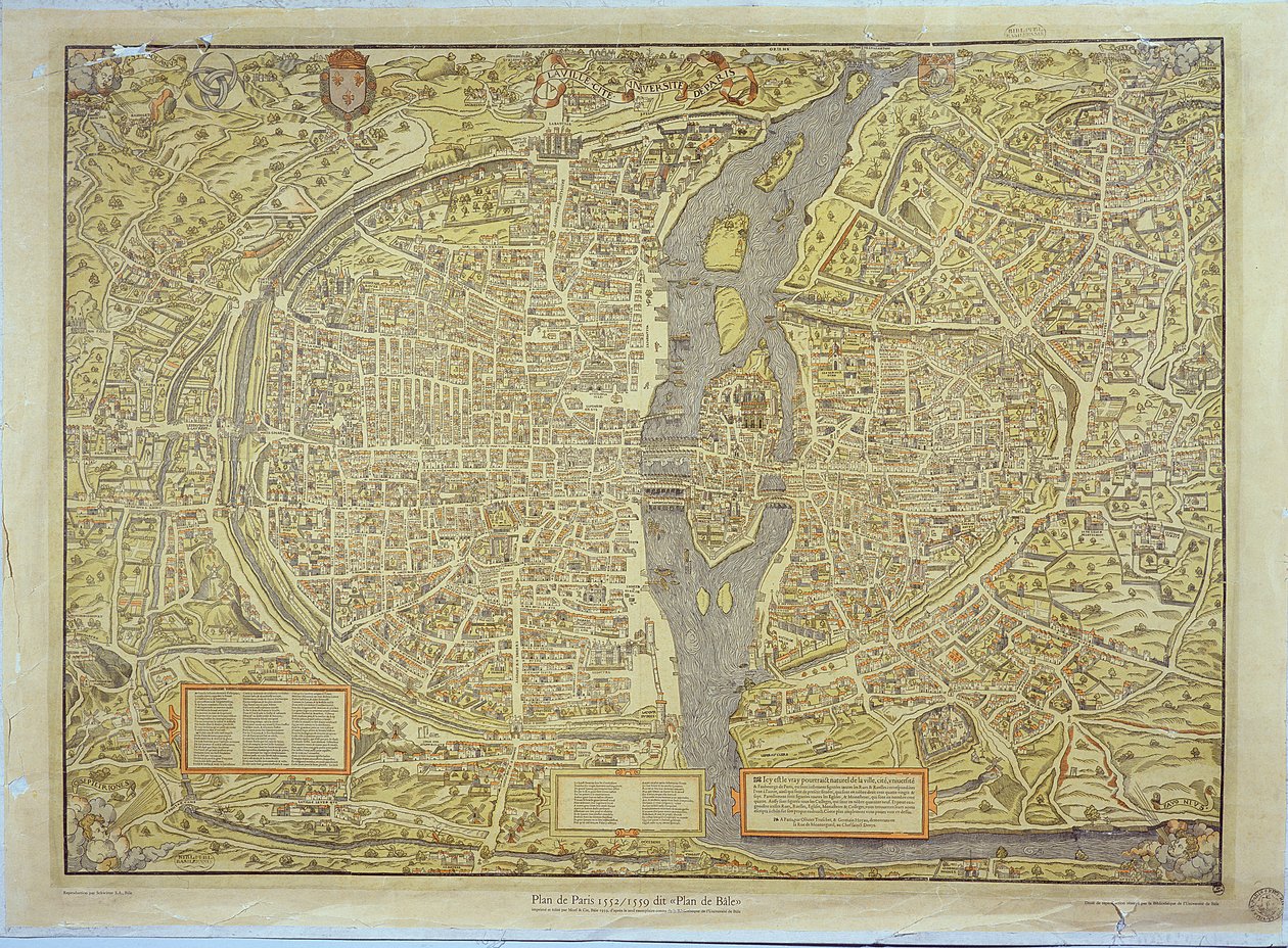 Reprodukcja Bazylejskiej Mapy Paryża, pierwotnie wyprodukowanej w latach 1552-59 autorstwa French School
