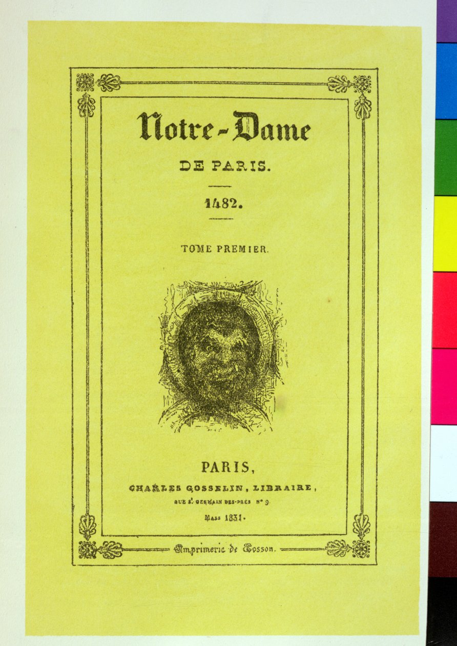 Reprodukcja okładki pierwszego wydania Notre-Dame de Paris autorstwa Victora Hugo (1802-1885) wydanego w 1831 r. autorstwa French School