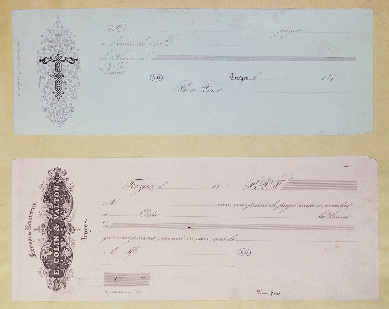 Wezwania do zapłaty wydane w Troyes w latach 40. XIX wieku autorstwa French School