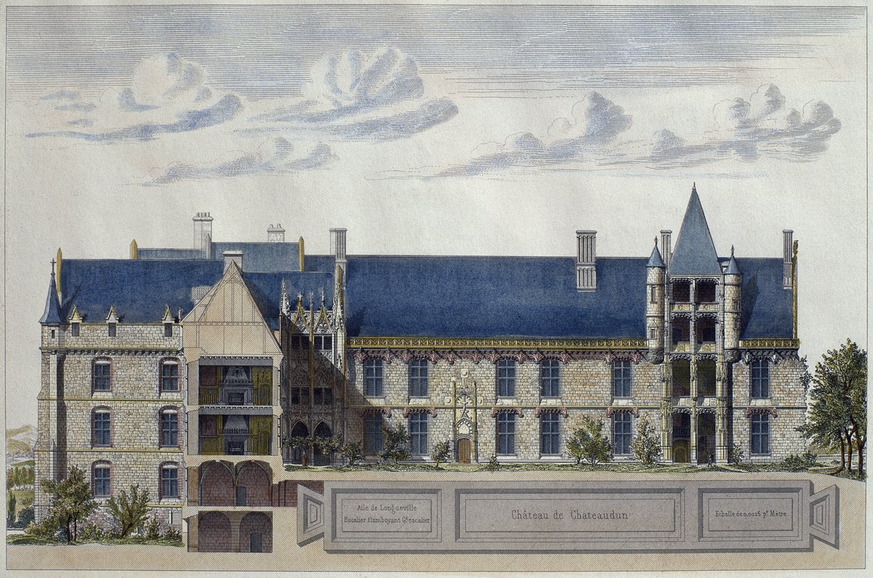 Renowacja zamku Chateau de Chateaudun, ilustracja z Le Moniteur des architectes, rycina H. Penel (kolorystyka) autorstwa French School