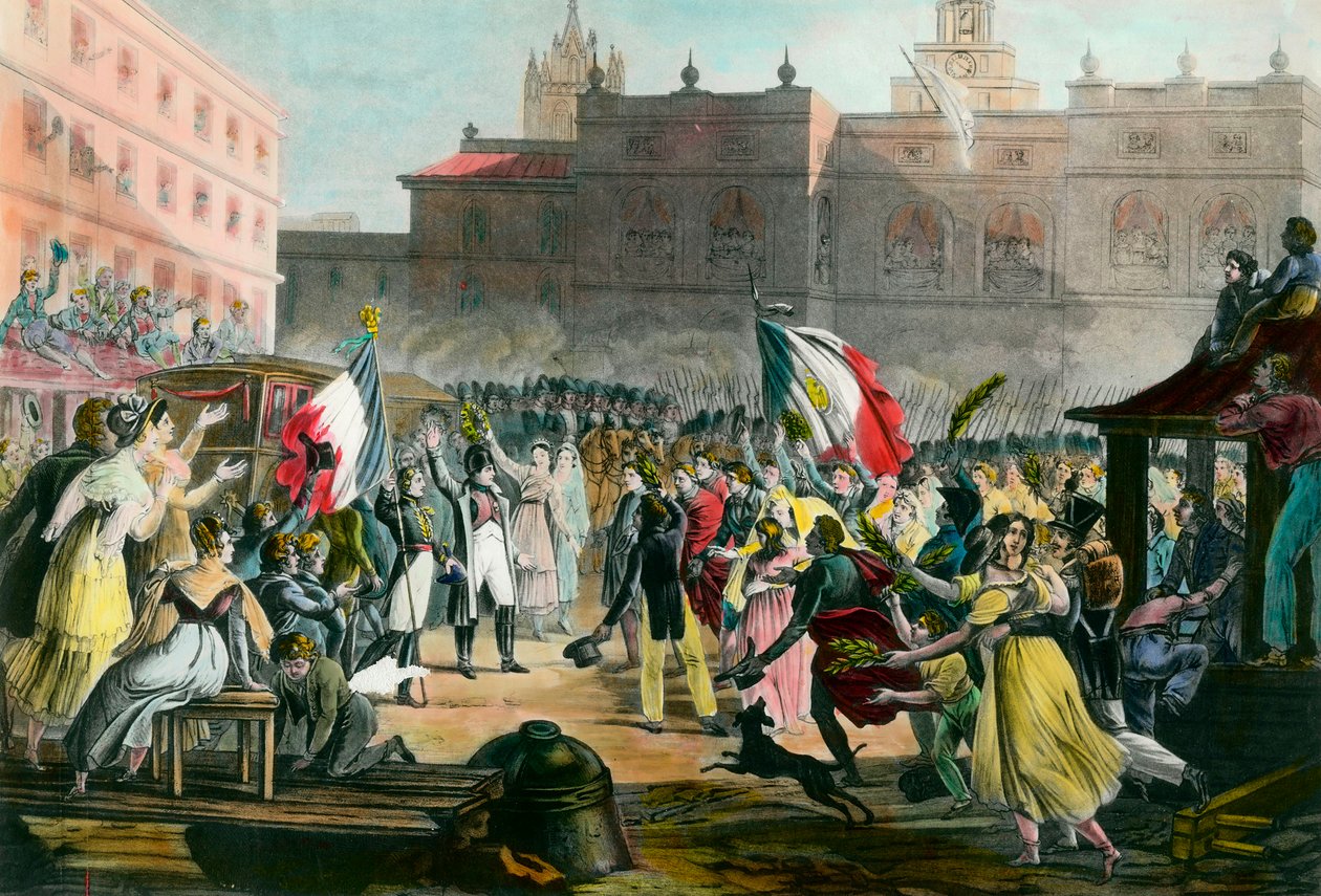 Powrót Napoleona Bonaparte (1769-1821) z wyspy Elba do Grenoble w marcu 1815 r. Rycina około 1815 r. Kolekcja prywatna autorstwa French School