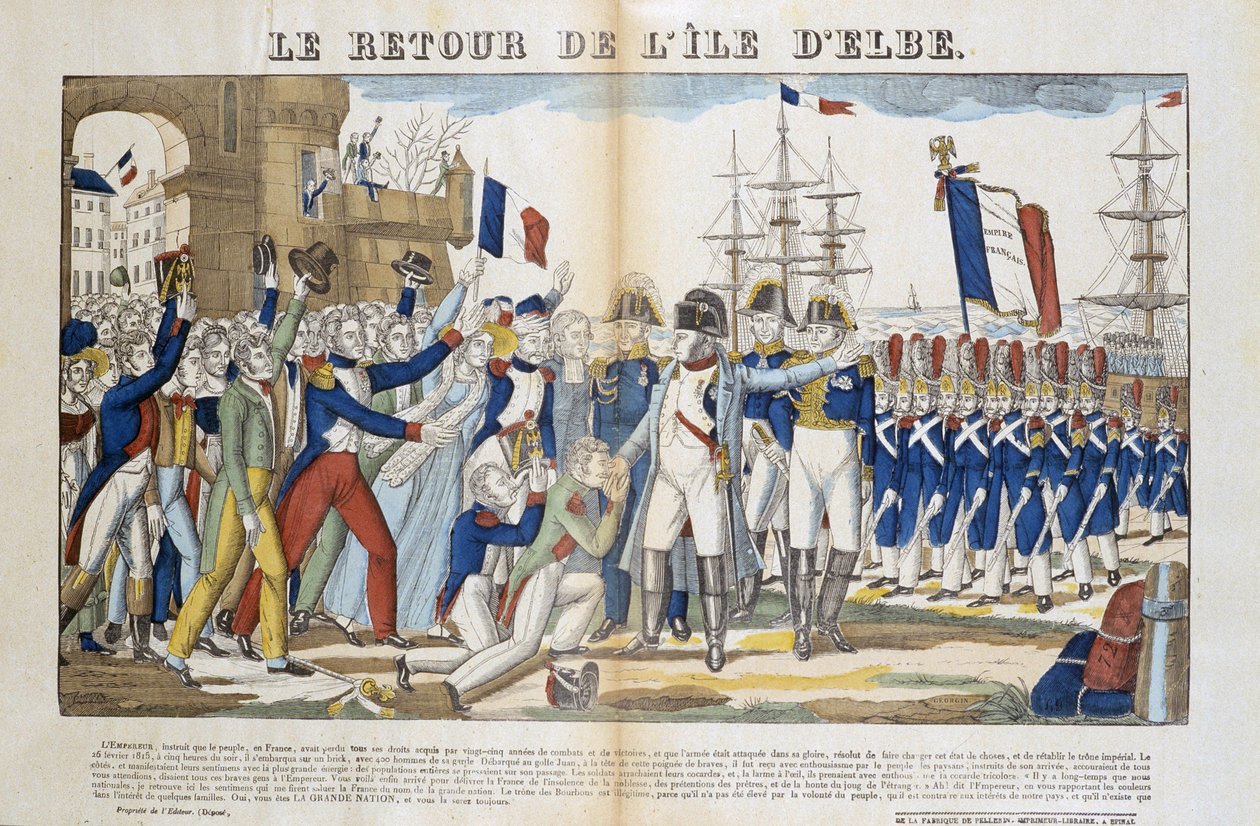 Powrót Napoleona Bonaparte (1769-1821) z wygnania na wyspę Elba w 1815 roku. Obraz Epinal autorstwa French School