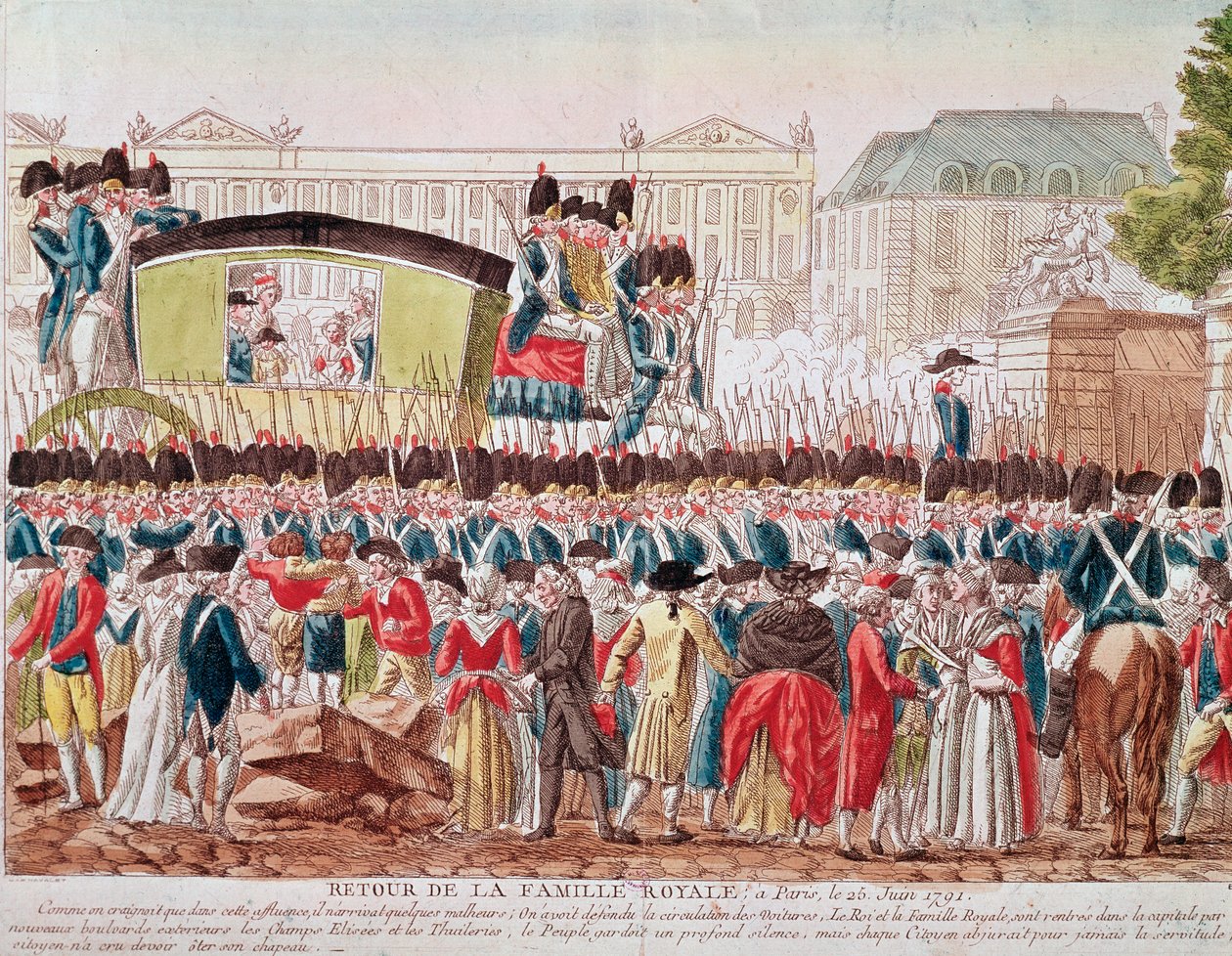 Powrót francuskiej rodziny królewskiej do Paryża, 25 czerwca 1791, grupa przekracza Place de la Concorde (rycina) autorstwa French School