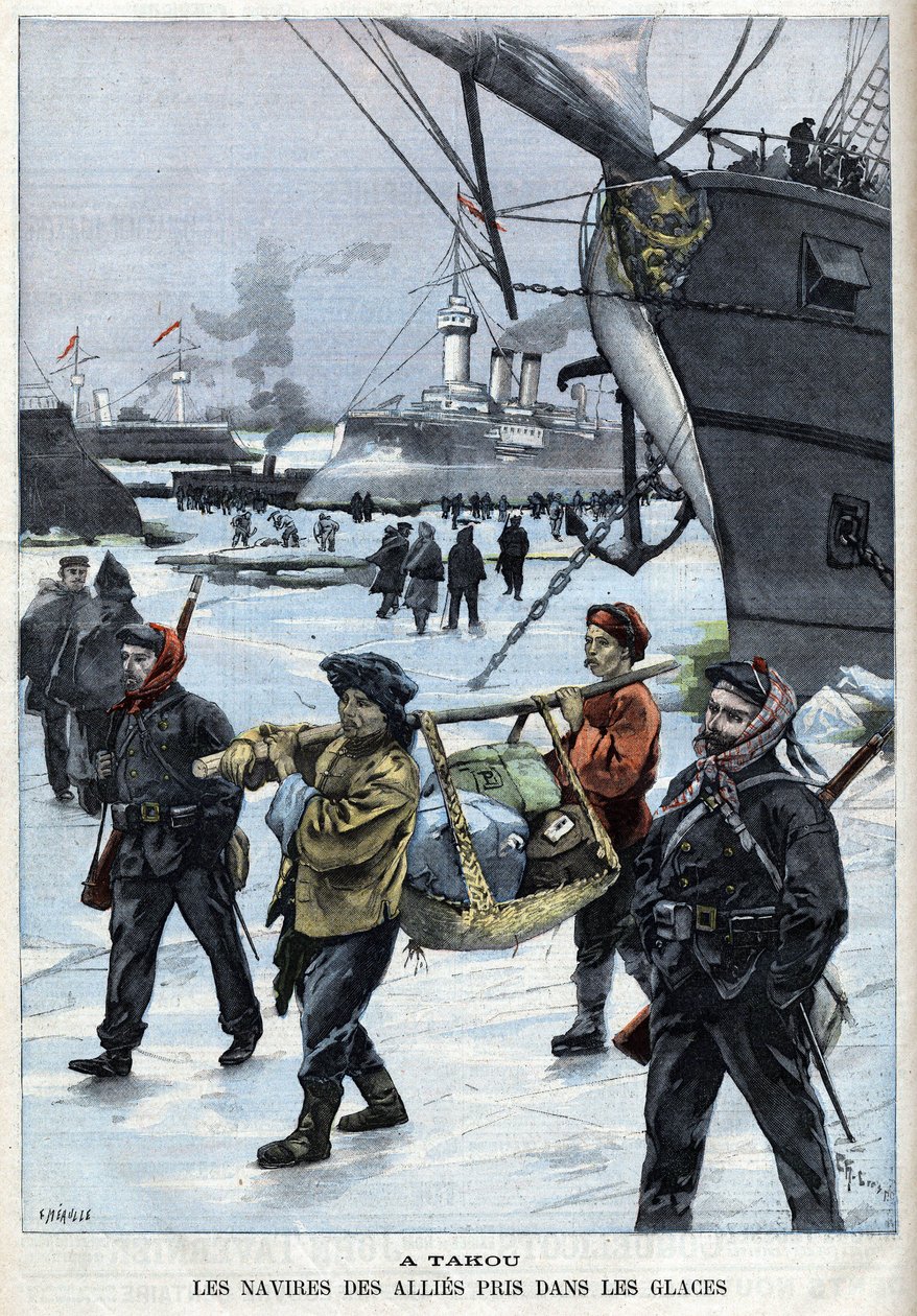 Revolt des Boxers (1898-1900) statki sojuszników na lodowym Atakou. w „”Le Petite Parisien”” autorstwa French School