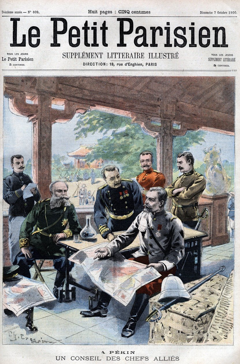 Revolt des Boxers: Un conseil des chefs allied (francuski, rosyjski, amerykański, angielski, japoński) (ALLIED COUNCIL OF WAR) - w „Le Petit Parisien” autorstwa French School