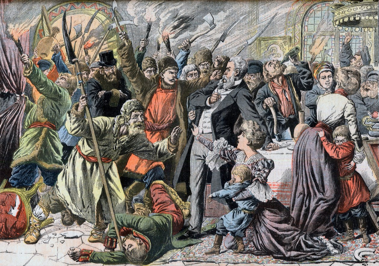 Rewolucja 1905 r. - Zbuntowani rosyjscy chłopi napadają na wiejską posiadłość. Jacquerie na rosyjskich prowincjach. Najazd na zamek przez rosyjskie bunty chłopskie. Ilustracja do Le petit Journal, 2 kwietnia 1905. autorstwa French School