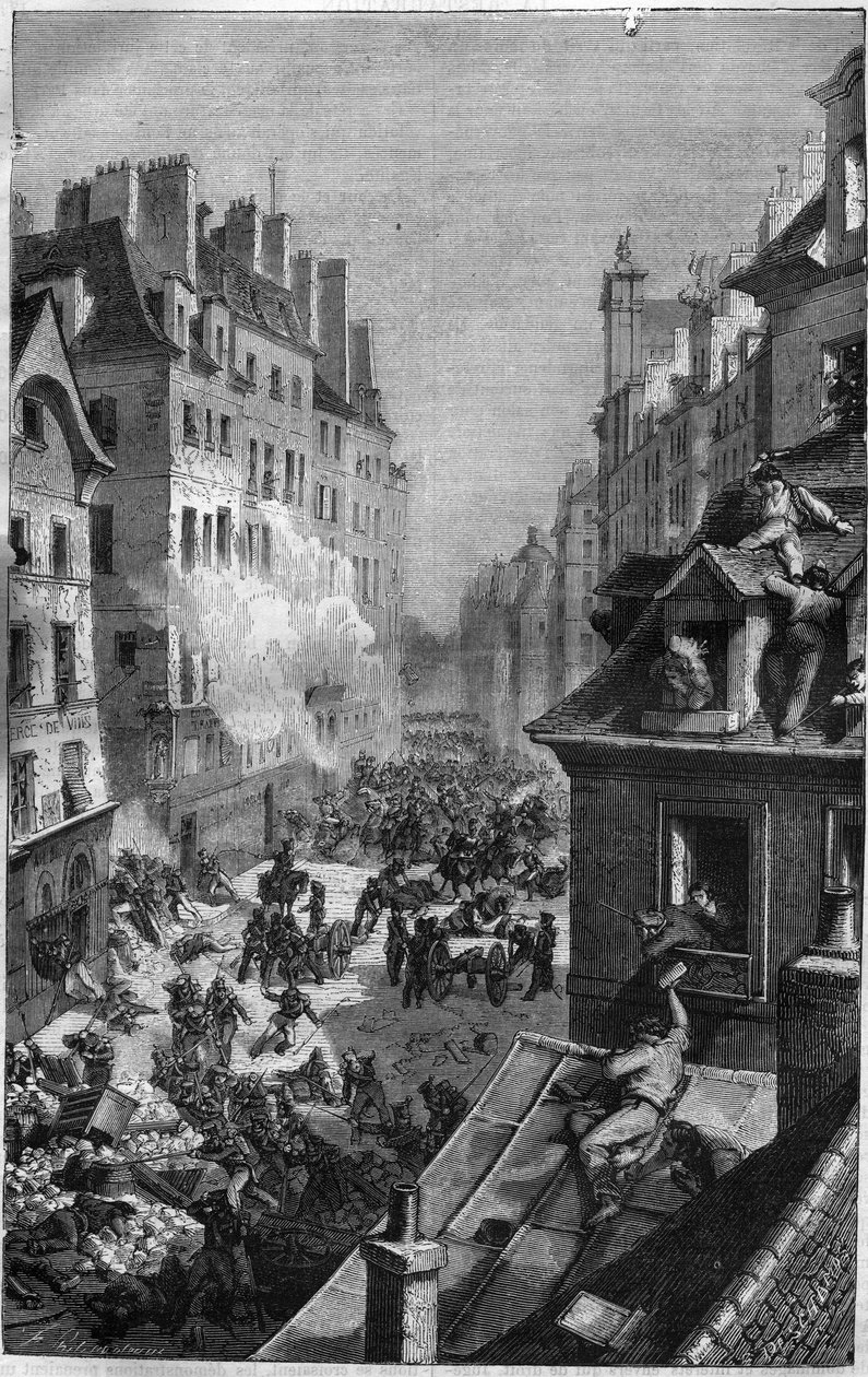 Rewolucja 1830: walka w faubourg Saint Antoine. Grawer w „Historii papieży-królów-królowych i cesarzy na przestrzeni wieków” autorstwa Maurice Lachatre autorstwa French School