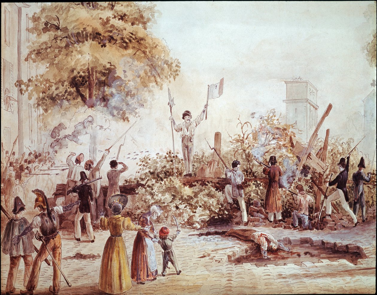Rewolucja Lipcowa w Paryżu - Barykada na Boulevard Saint Martin 1 sierpnia (akwarela, ok. 1830) autorstwa French School