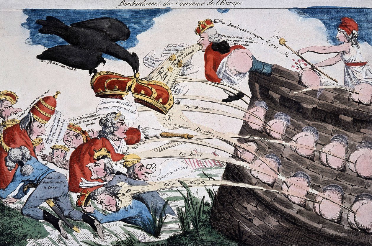 Rewolucyjni przewodnicy Marianne bombardują europejskich władców swoim gównem. Karykatura opublikowana w okresie Rewolucji Francuskiej. Akwaforta. 1792. Musee Carnavalet. autorstwa French School