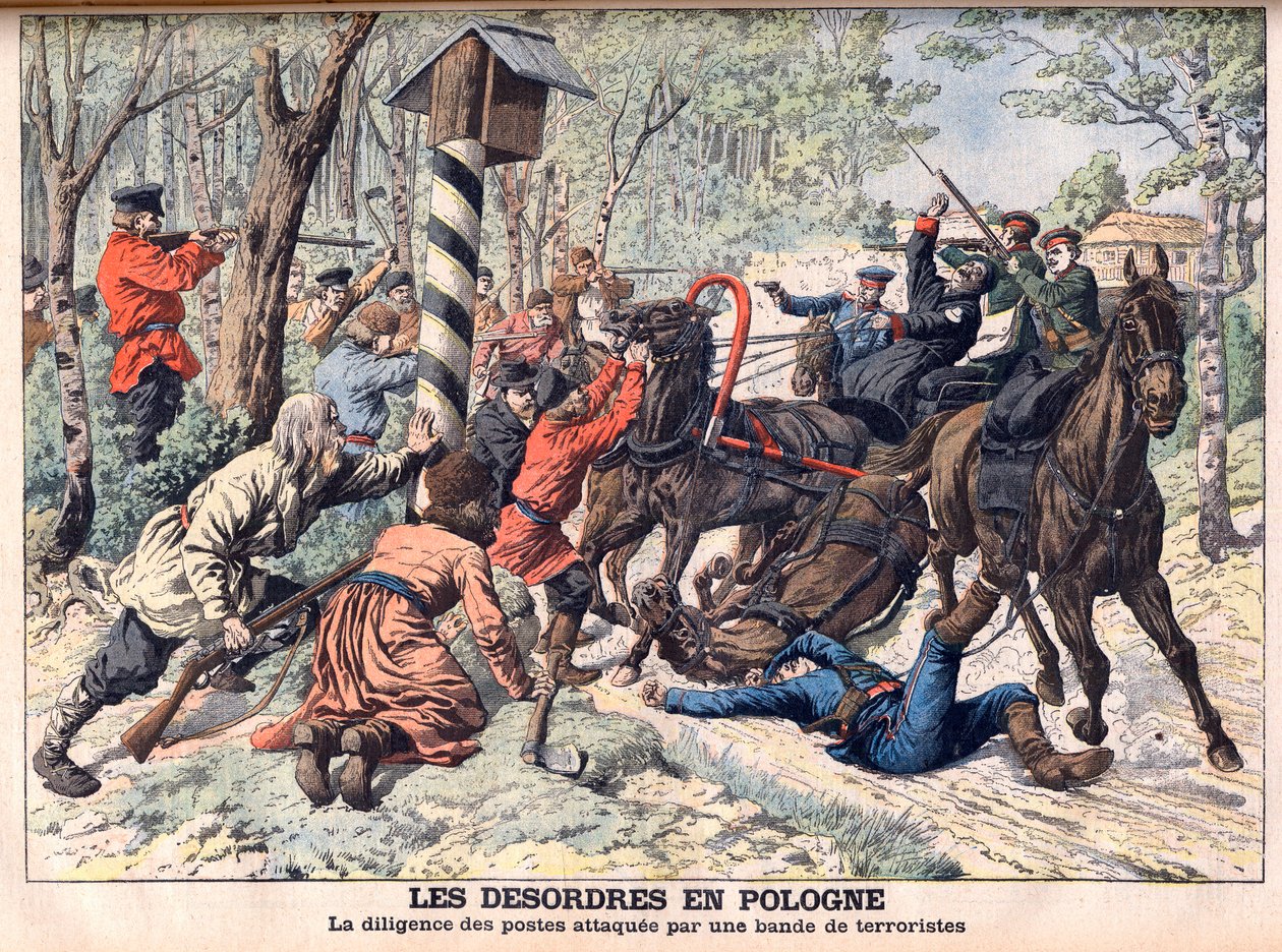 Rewolucjonista w Polsce - Terroryści atakują trenera poczty w Polsce. Desordery w Polsce. Staranność stanowisk zaatakowanych przez gang terrorystów. Ilustracja do Le petit Journal autorstwa French School