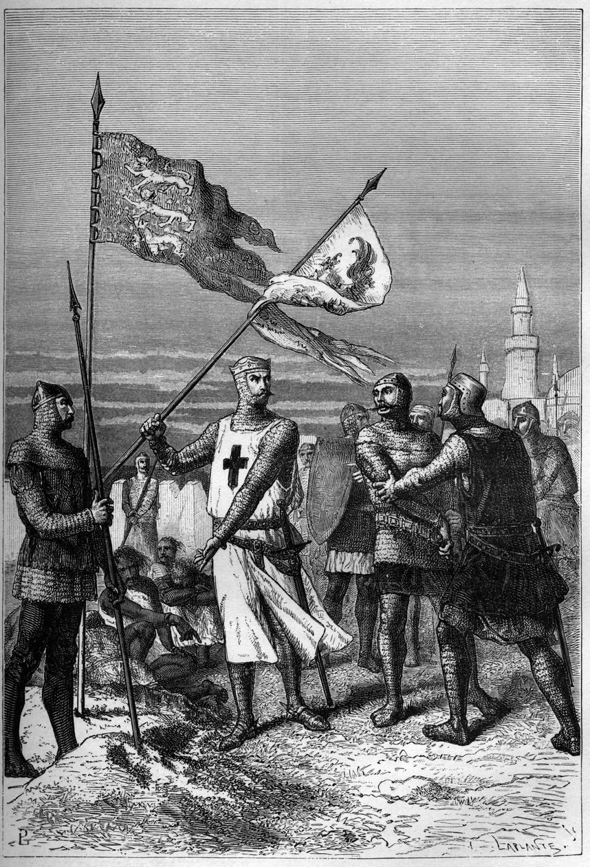 Ryszard Coeur de Lion lub Ryszard I Lwie Serce (1157-1199) król Anglii, ukazany podczas zdejmowania sztandaru arcyksięcia Leopolda V, księcia Austrii - rycina w „Historii Anglii od najdawniejszych czasów” autorstwa Francois Guizota autorstwa French School